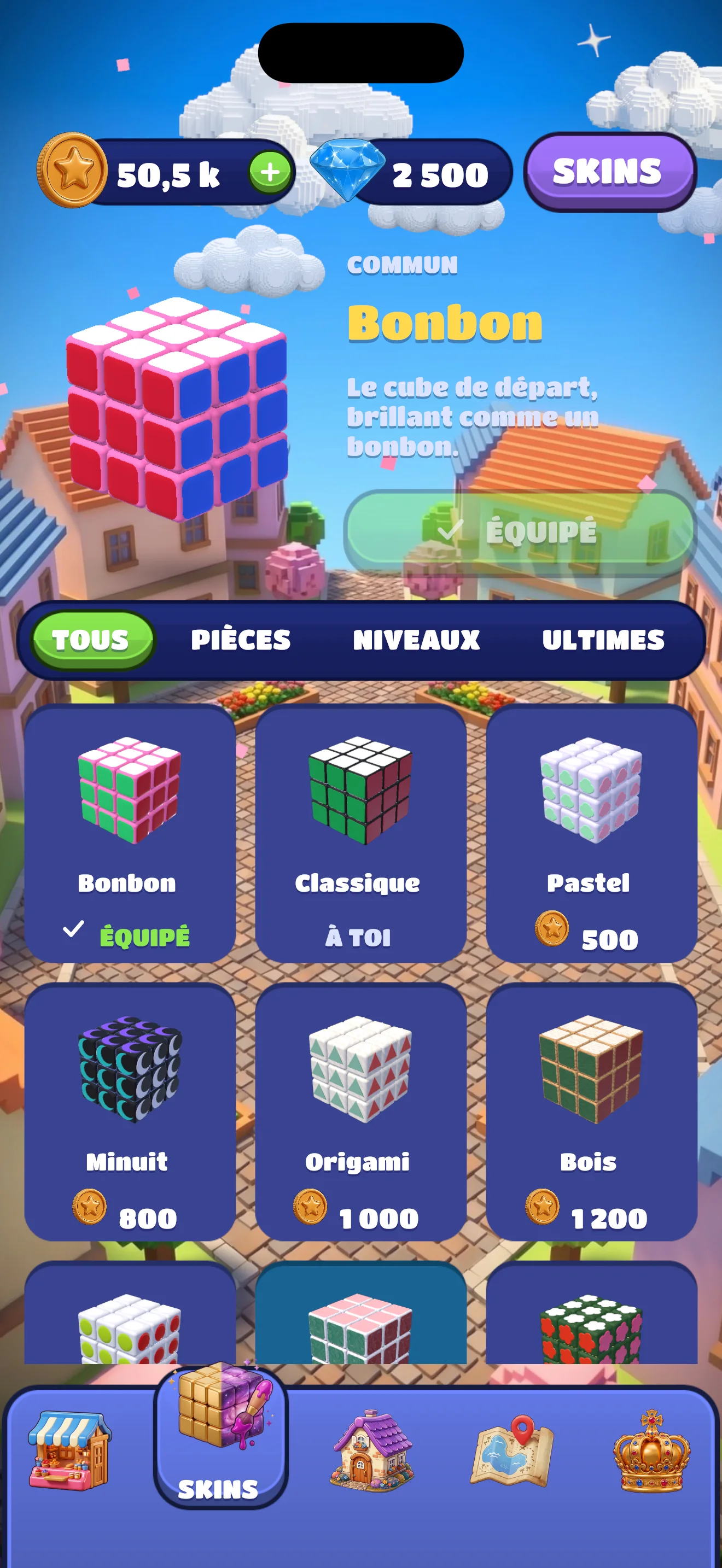 Les skins, à débloquer avec des pièces, en jouant ou avec des gemmes