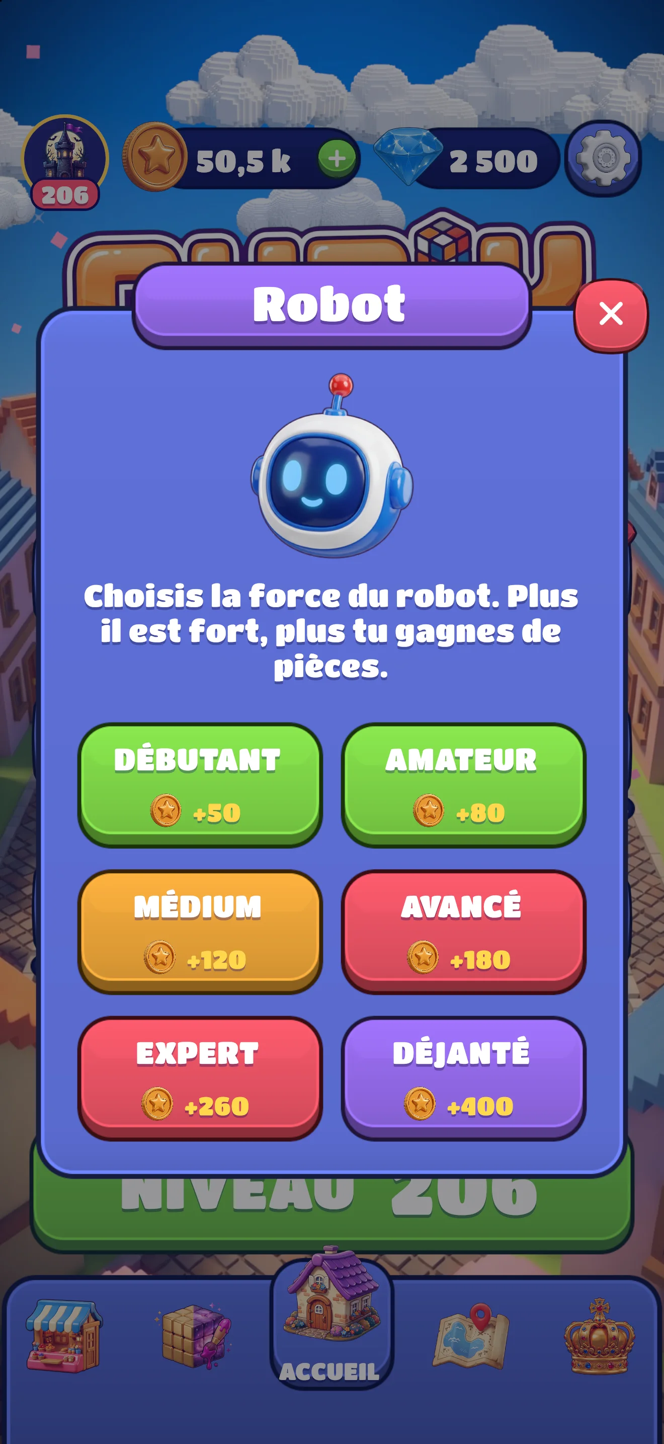 Six niveaux de robot, du Débutant au Déjanté