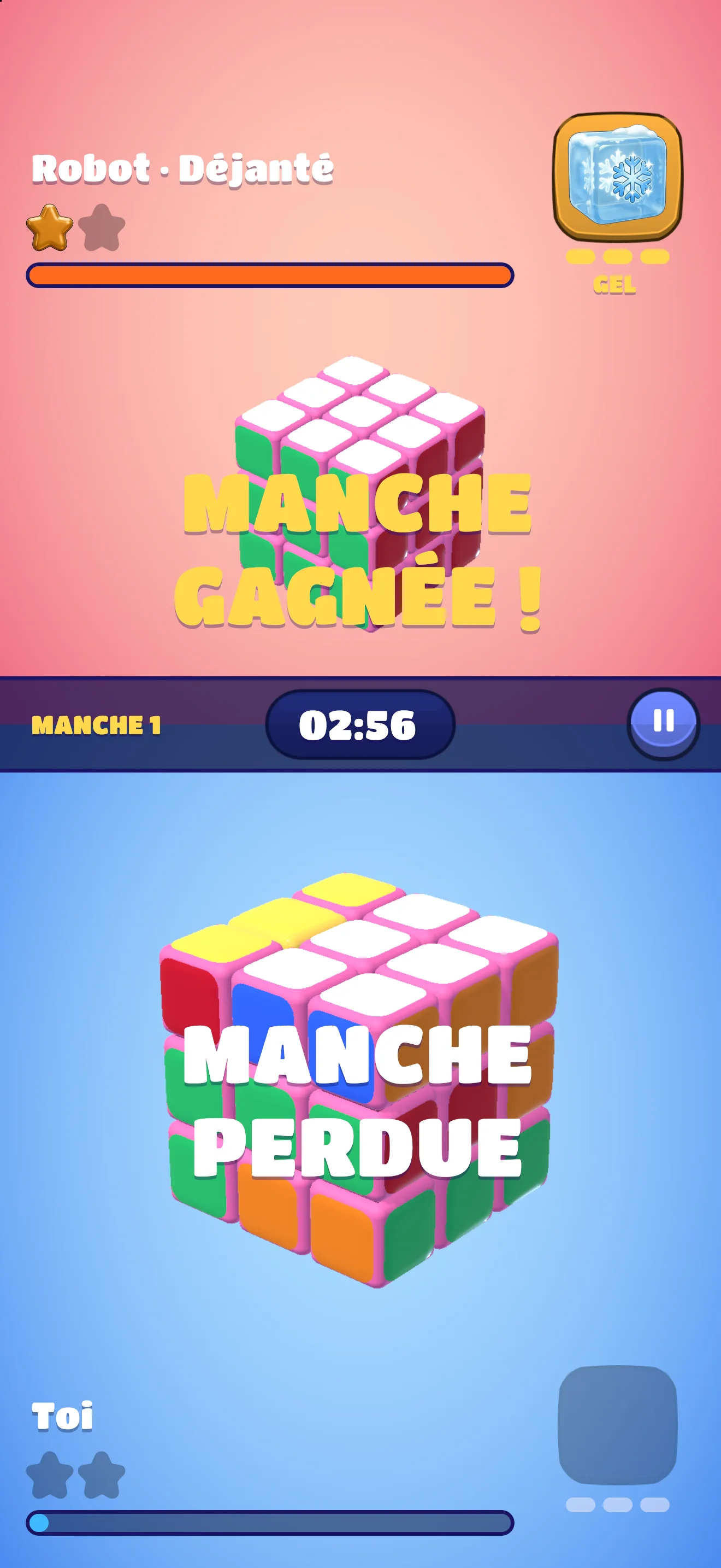 Duel contre le robot : même mélange, le premier à deux cubes gagne