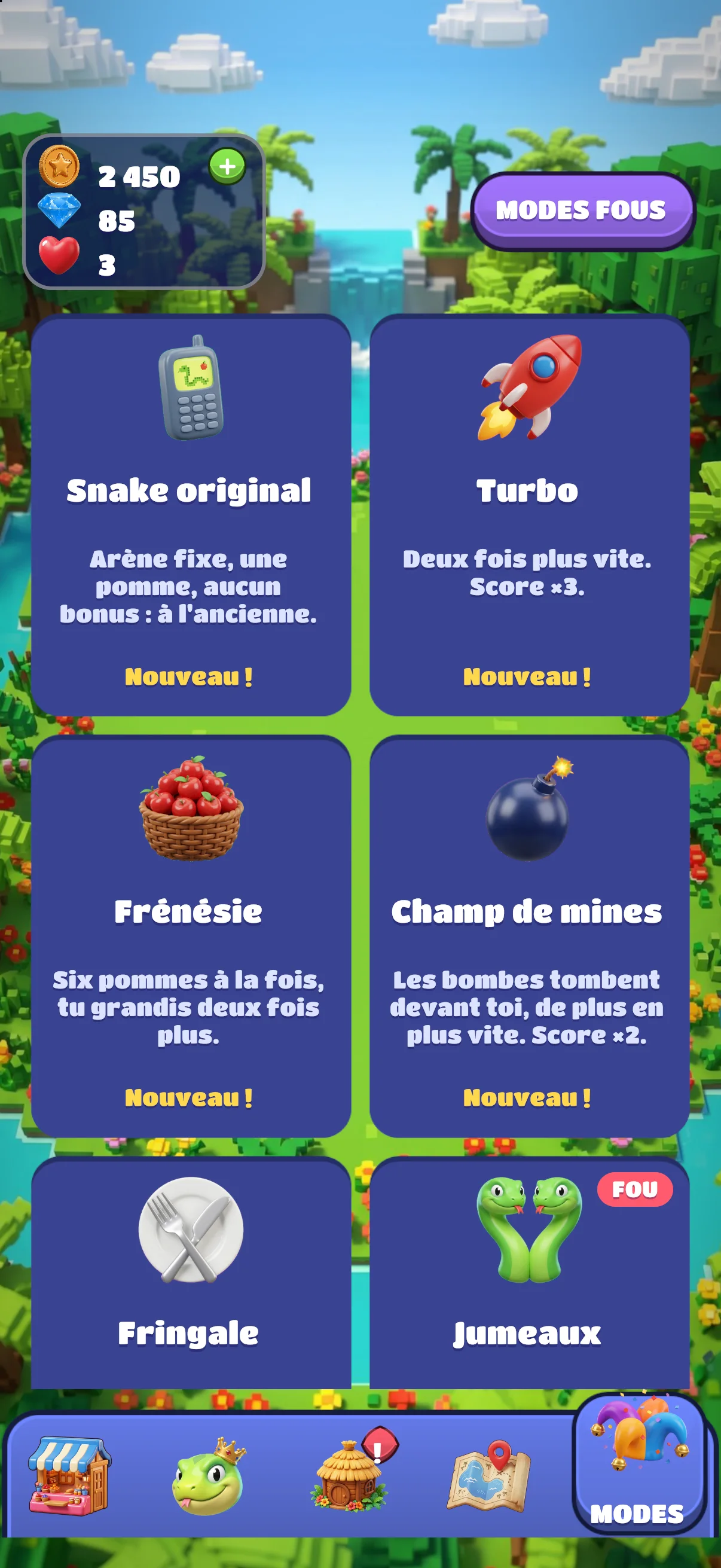 Modes fous : Snake original, Turbo, Frénésie, Champ de mines…