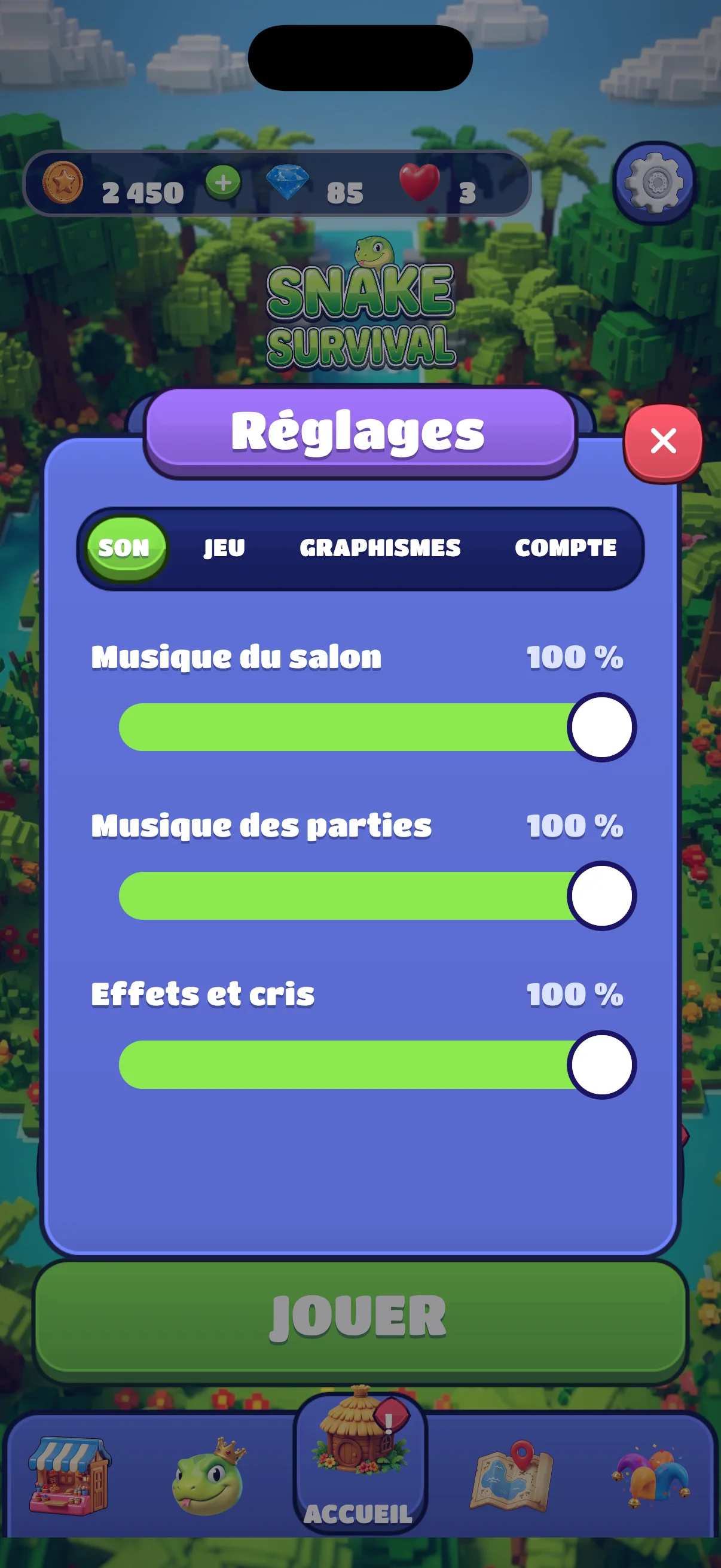 Réglages : son, jeu, graphismes et compte