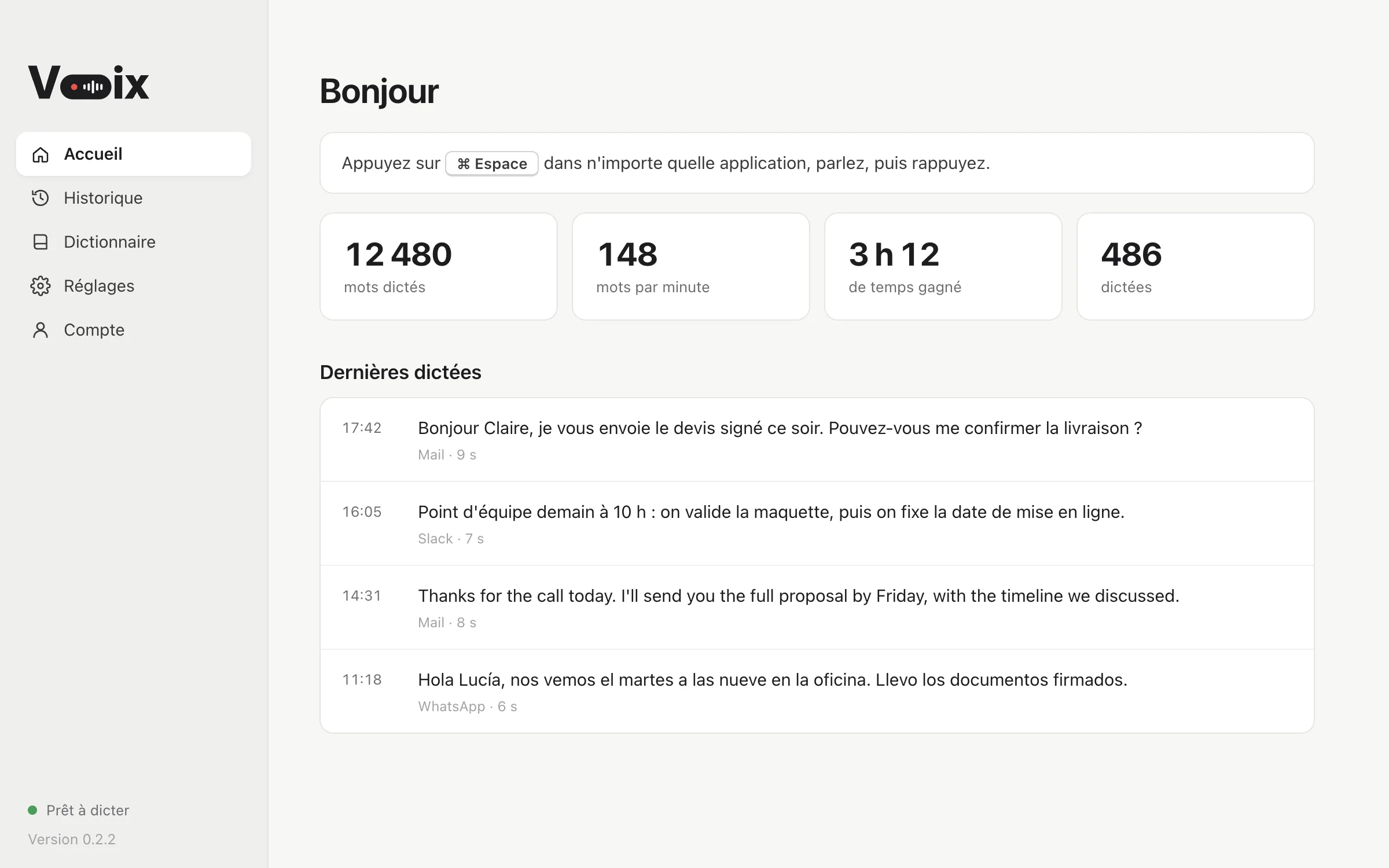 Accueil de l’application Vooix : statistiques de dictée et dernières dictées